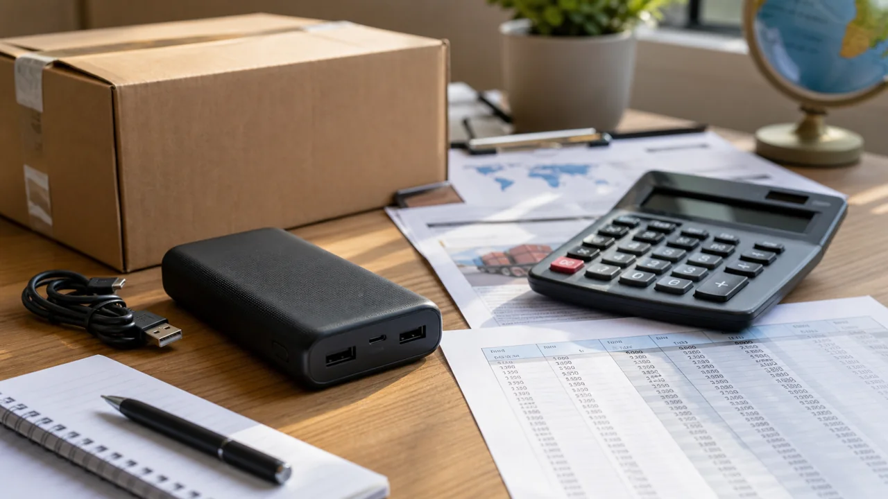 Power bank sobre mesa com calculadora, caixa pequena e papéis de importação