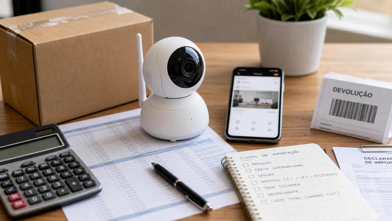 Câmera Wi-Fi pequena sobre mesa com calculadora, caixa e papéis de importação