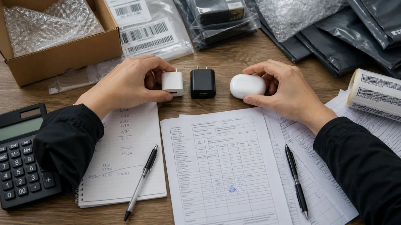 produtos pequenos sendo comparados com papéis fiscais e calculadora