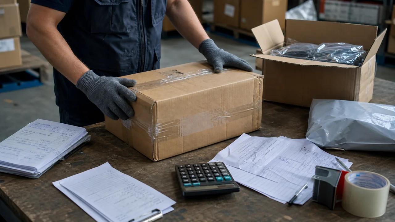 caixa aberta e documentos de importação sobre mesa de conferência